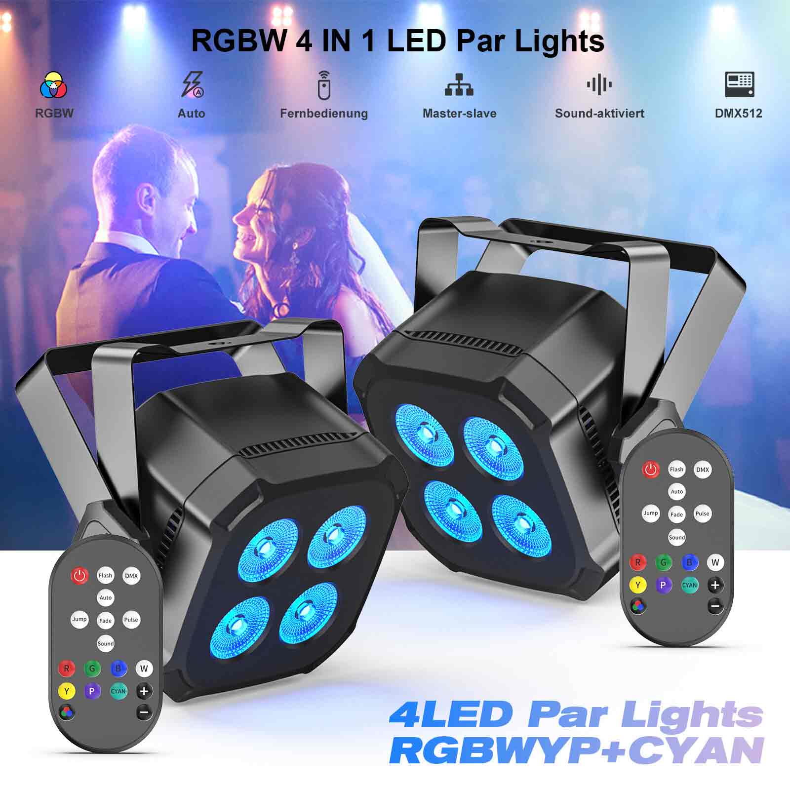2stk 80W RGBWYP+CYAN 4LED Par Wash Bühnenlicht Lichteffekt DMX Mit Fernbedienung