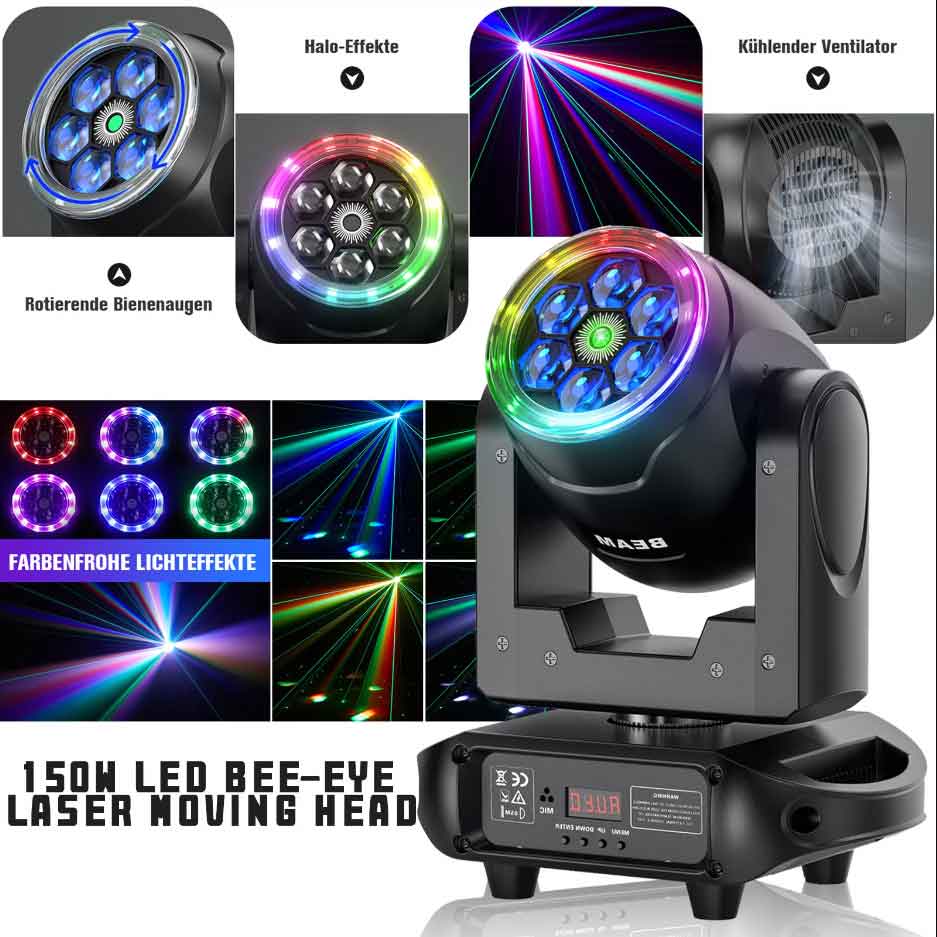 2X 150W Wash RGBW Laser Moving Head Spot Beam Beam Bee-Eye DMX Stage Light Disco