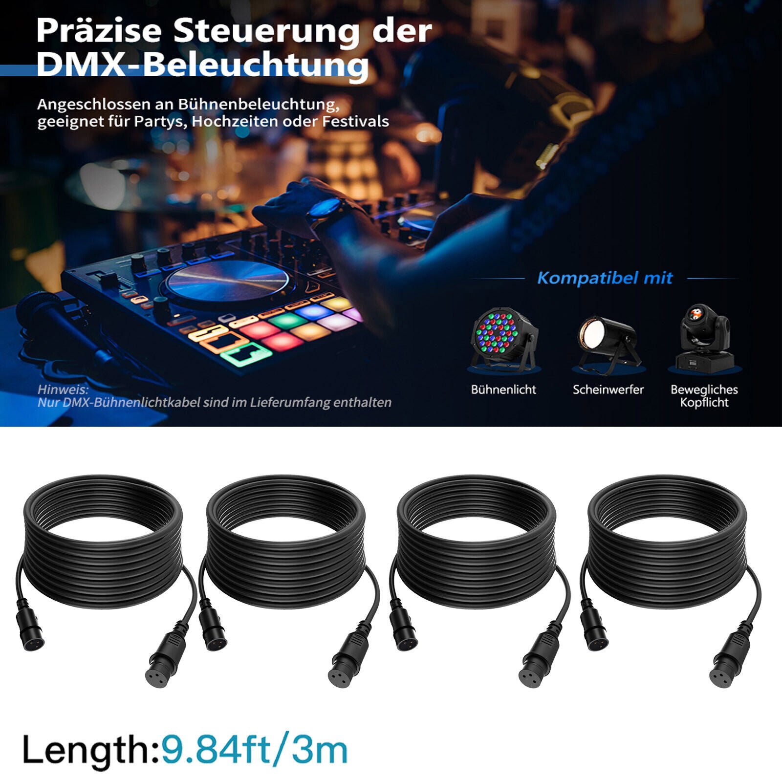 200x 3M DMX512 Kabel 3-Pin XLR Signalkabel für Moving head Par Bühnenlicht