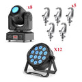 8 pcs 80W LED moving head lights + 12 pcs 140W LED PAR lights + 5 pcs lamp clamps