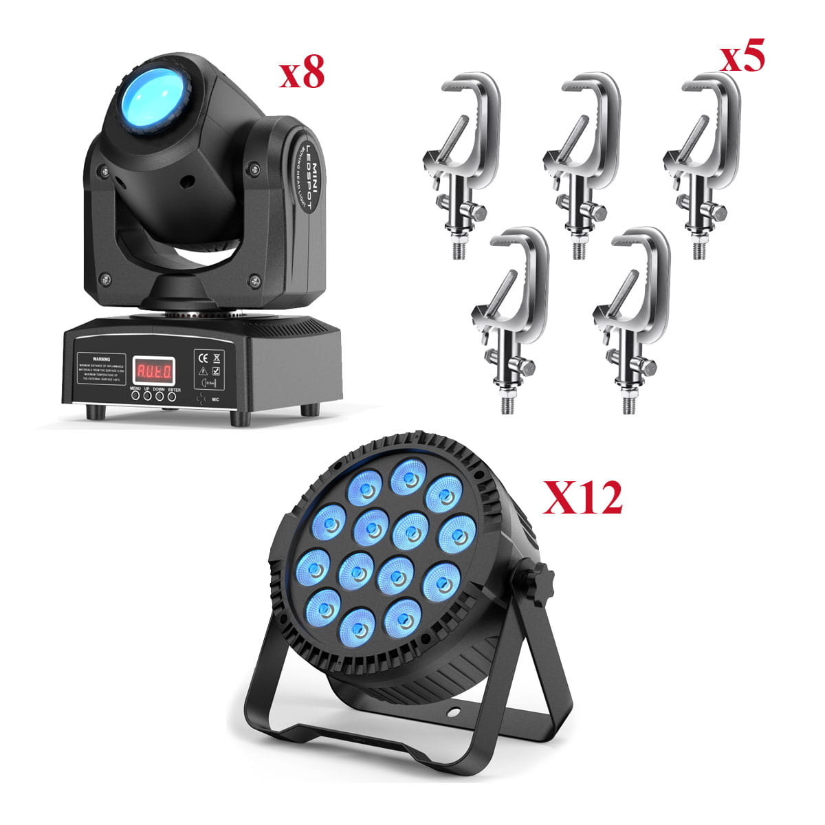 8 pcs 80W LED moving head lights + 12 pcs 140W LED PAR lights + 5 pcs lamp clamps
