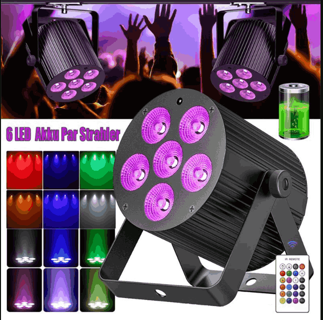 6pcs 90W RGBWA UV Akku 6in1 LED Par Spot Wiederaufladbares Bühnenlicht DMX APP WIFI (Copy)