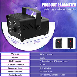 Fog Machine 5 LED RGB Lighting Smoke Machine with Remote Control Black for DJ Concert Party Club