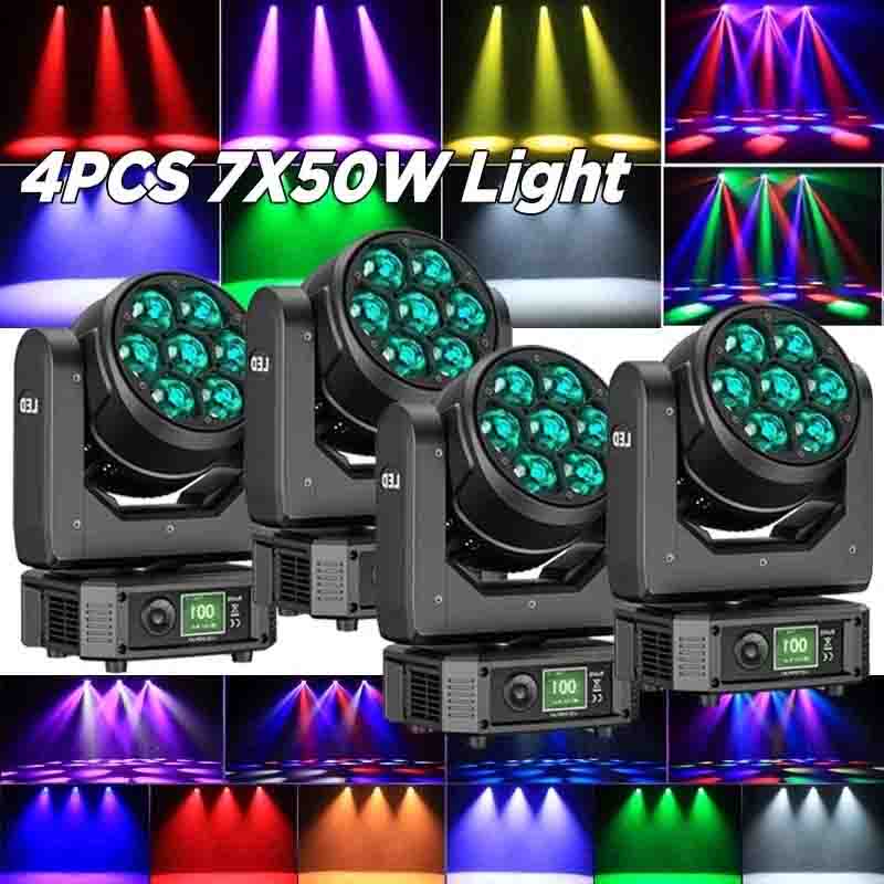 4PCS 7x50W LED Zoom Moving Head Stage Light RGBW DMX Beam Wash Lighting DJ Disco Bar