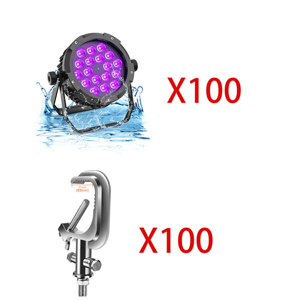 100Stk 270W Par Strahler DMX 18LED 6in1 RGBWA+UV Garten Outdoor IP67 Wasserdichtes+100stk Bühnenlicht Hakenklemme