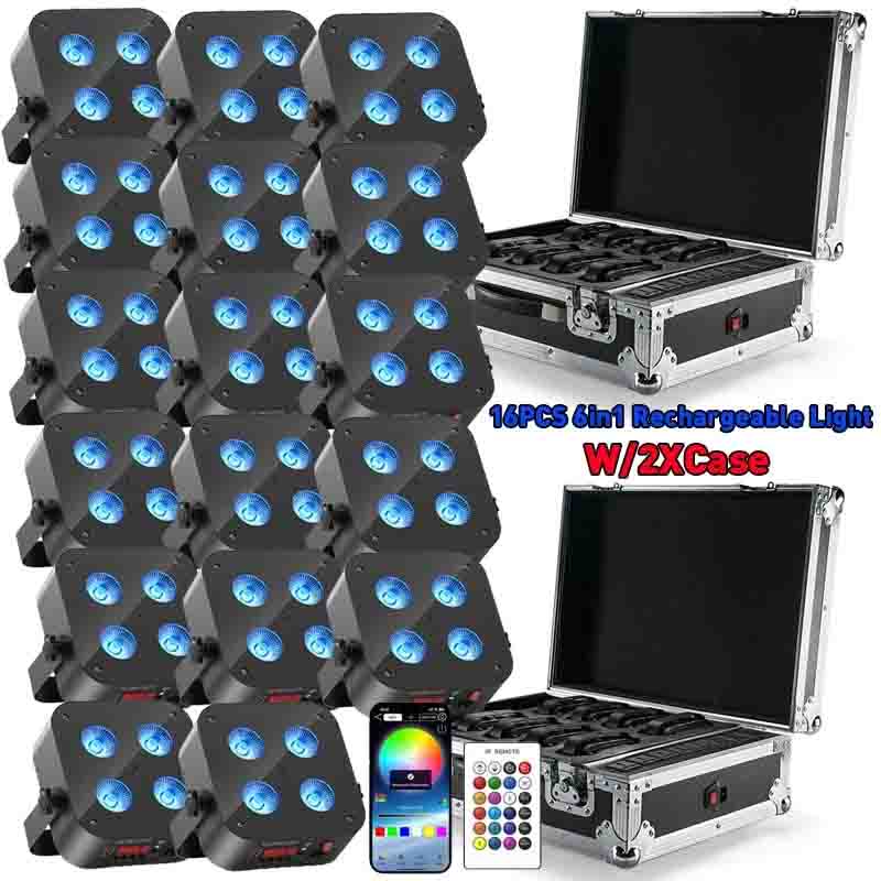 16PCS LED 4x25W RGBWA+UV Battery Powered WIRELESS DMX Par Can DJ Uplighting Up Light+2XCase