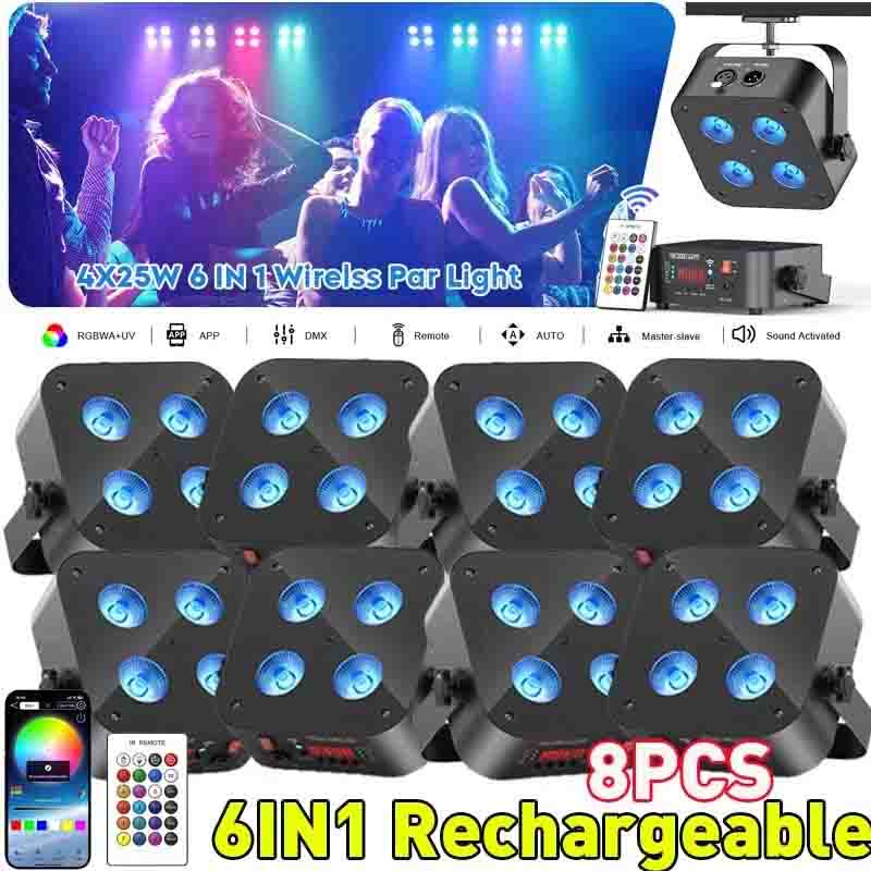 8X 4X25W RGBWA+UV Stage Par Light Rechargeable Wireless Battery Uplight DMX APP