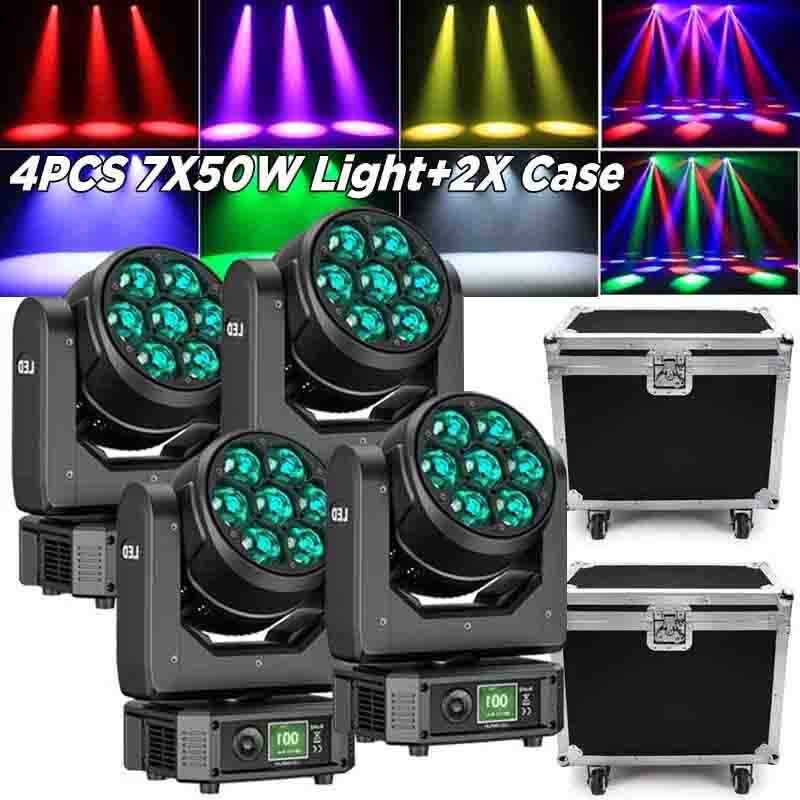 4PCS 7x50W LED Zoom Moving Head Stage Light RGBW DMX Beam Wash Lighting DJ Disco Bar+2PCS CASE