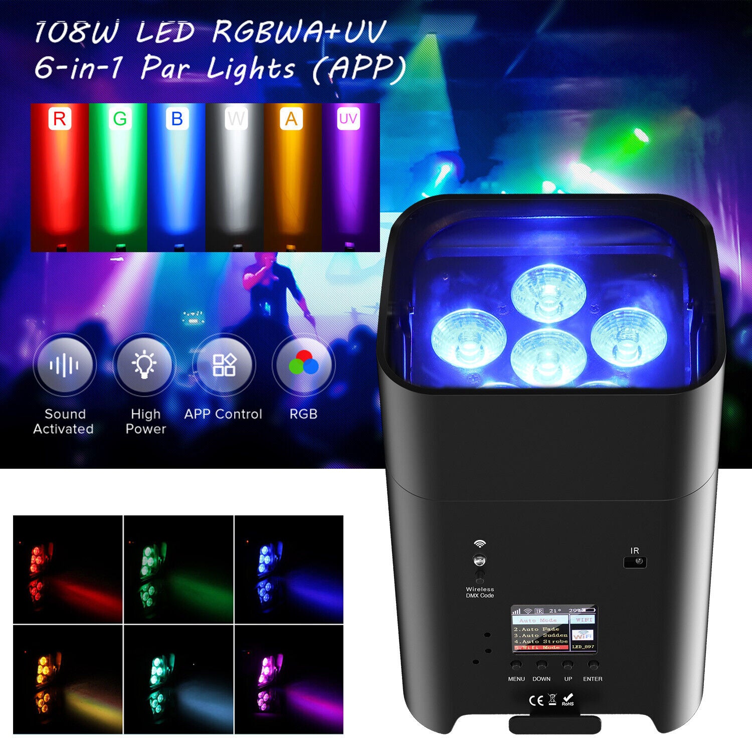 8Stk 108W RGBWAUV Wireless DMX Akku LED Par Scheinwerfer APP-Steuerung Strahler